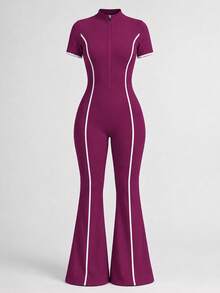Sirith 1 buah Jumpsuit Lengan Pendek Model Mengembang dengan Resleting Setengah dan Kerah Tinggi Warna Ungu Putih Kontras, Potongan Slim Bodycon, Cocok untuk Olahraga, Aktivitas Sehari-hari, dan Musim Panas - Purple - View 3