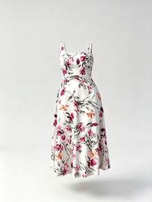 Elenzga Plus Size Floral Print Square Neck Sleeveless Dress - White - View 3