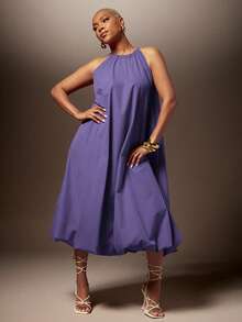 Vixey Solid Woven Bubble Hem Halter Neck Midi Dress - Purple - View 3
