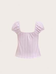 SHEIN EZwear 夏季穿搭 方领花瓣袖系带粉色条纹印花T恤 - 彩色 - 查看 2