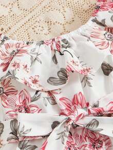 SHEIN 嬰兒女孩1入組花卉印花荷葉邊腰帶連身褲 - 彩色 - 查看 10