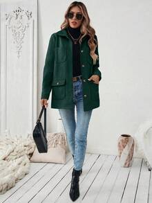 SHEIN PariChic 女款純色口袋休閒百搭日常旅行長袖外套 - 綠色 - 查看 7