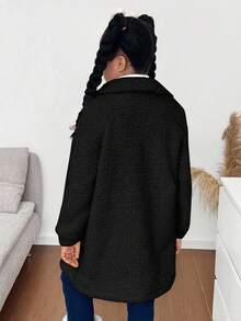 SHEIN Jaket Sherpa Hitam Musim Dingin untuk Remaja Perempuan, Jaket Panjang Sedang dengan Lapisan Termal, Saku Kerah, Kancing Depan, dan Kardigan Panjang Musim Gugur untuk Remaja Perempuan - Hitam - View 2