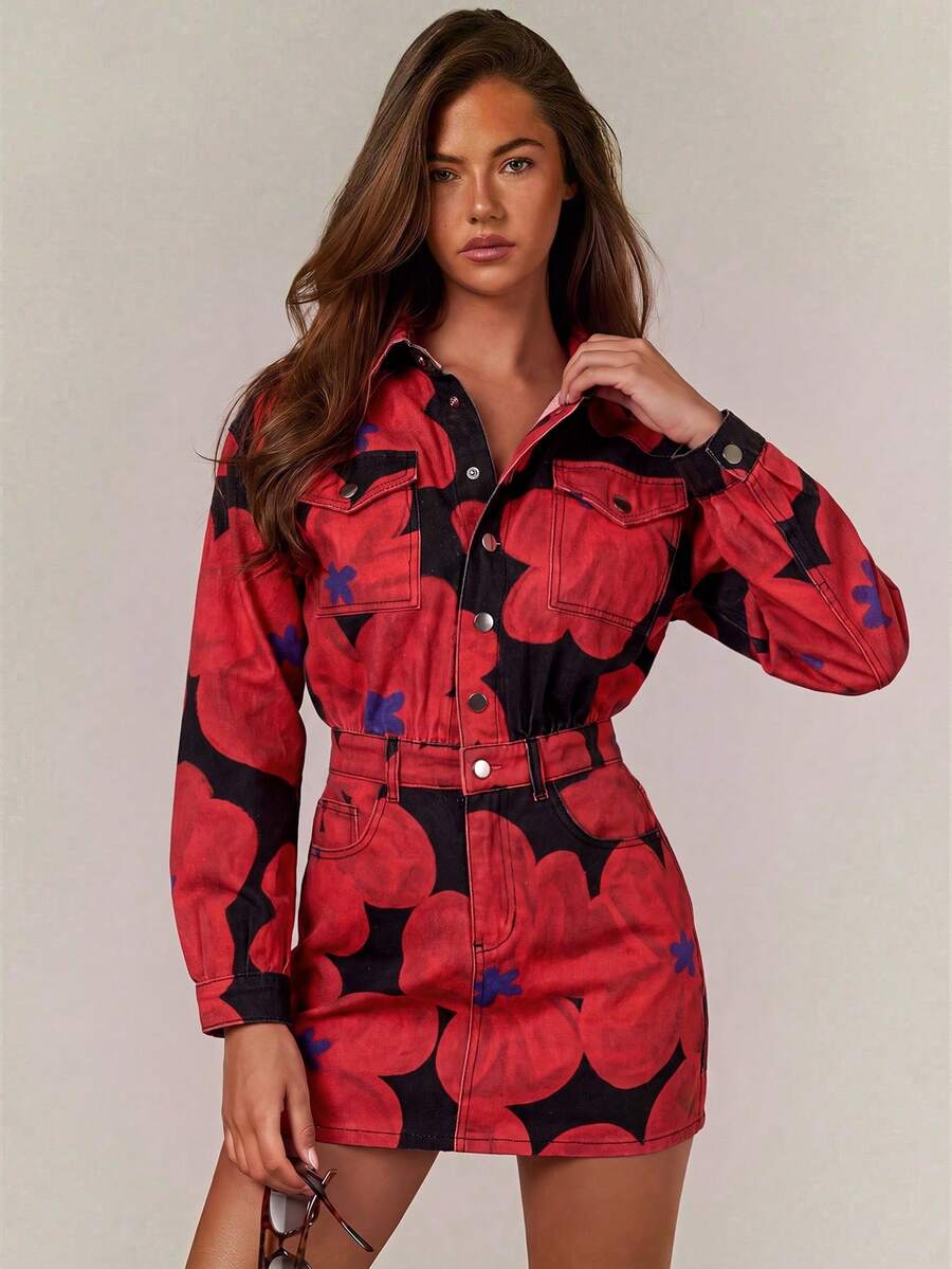 Athîral Denim 女款花卉印花迷你牛仔洋裝 - 紅色和黑色 - 查看 1