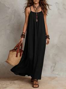 Solivie Women's Solid Color Pleated Casual Spaghetti Strap Dress For Vacation - Black - View 4