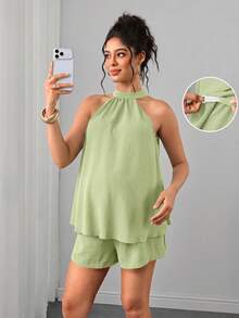 Momance 2pcs Maternity Set Halter Neck Sleeveless A-Line Loose Top With Adjustable Waist Straight Leg Shorts - Mint Green - View 7