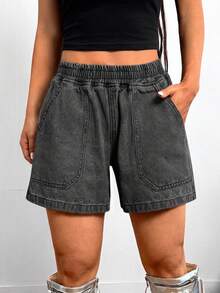 SHEIN Quần short denim dáng rộng, cạp chun, có túi, kiểu dáng thường ngày dành cho nữ tuổi teen. - màu đen - Xem 4