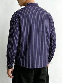 TONEVAULT Kemeja Kasual Pria Bergaris Lengan Panjang Kancing Tunggal dengan Kantong Serbaguna - Navy Blue - View 2