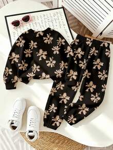 (1 Set) Autumn/Winter Toddler Girls Casual Fashion Minimalist Black Base Brown Floral Pattern Basic Crew Neck Sweatshirt & Sweatpants - Multicolor - View 2