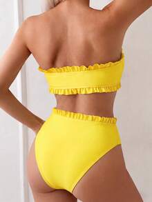 Swim Mod Women's Summer Beach Solid Color Ruffled Strapless Bikini Set - Yellow - View 2