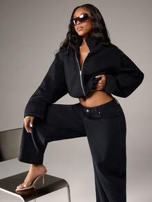 Denimoi High Neck Zip Front Barrel Sleeve Cinched Waist Denim Jacket Denim Cropped Jacket Fashion Denim - Black - View 2