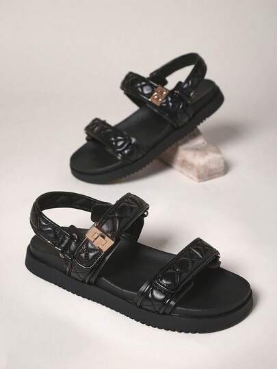 Solezae Hot Most Wanted Women's 3cm Platform Quilted Strap Black Sandals - Gold Accent & Puff Cushion Spring 2025 | Luxury Slides With Adjustable Buckle For Christmas Valentine's Day Summer Shoes
