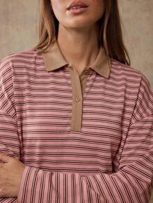 WESTFADE 條紋華夫格針織長袖迷你 Polo 洋裝，秋冬季，女性鄉村風，西部牛仔風，牛仔女郎，牛仔競技，返校季，可愛，西部風 - 彩色 - 查看 4