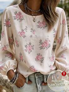 Balvessa Top col rond pour femmes en automne, blouse ample tissée à manches bouffantes vintage avec motif floral discret, chemise bohème à manches lanternes rose à motif floral discret, convient pour les trajets quotidiens et les vacances - Nude - Voir 1
