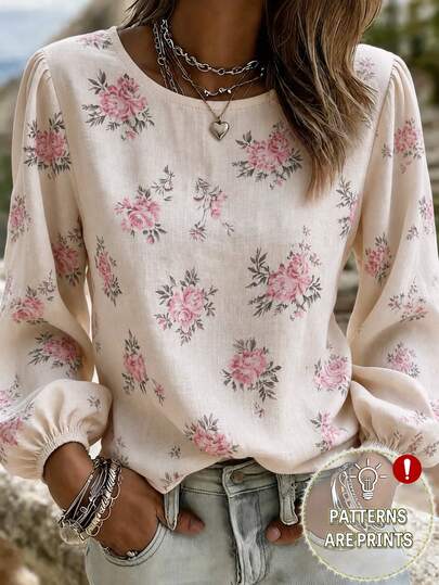 Balvessa Women's Autumn Round Neck Top, Vintage Puff Sleeve Ditsy Floral Woven Loose Blouse, Bohemian Lantern Sleeve Pink Ditsy Floral Shirt, Suitable For Daily Commute And Vacation Wear