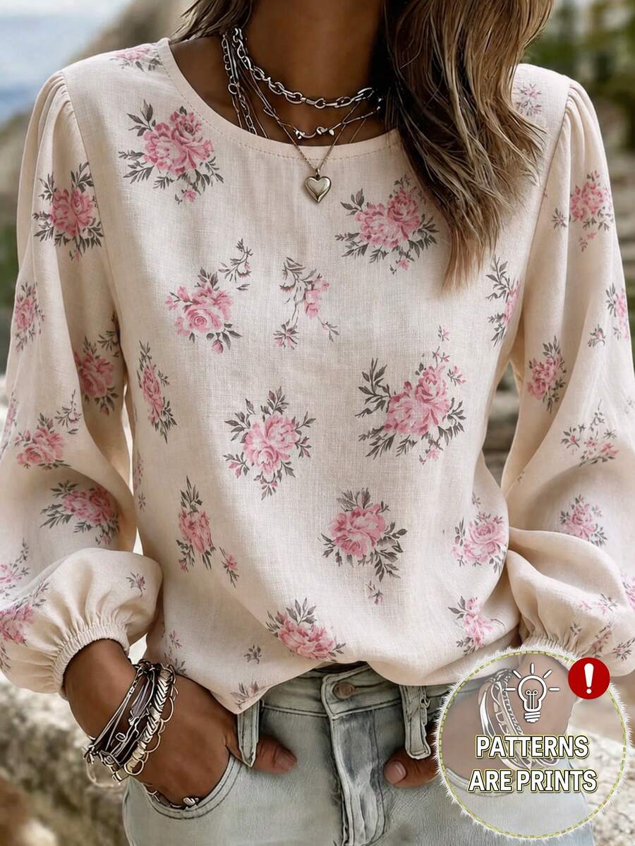 Balvessa Top col rond pour femmes en automne, blouse ample tissée à manches bouffantes vintage avec motif floral discret, chemise bohème à manches lanternes rose à motif floral discret, convient pour les trajets quotidiens et les vacances - Nude - Voir 1
