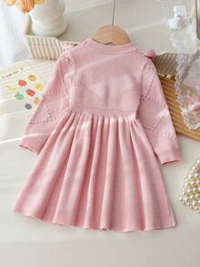 SHEIN Vintaside Kids 6個月至3歲女嬰幼兒粉色荷葉邊3D蝴蝶結針織毛衣洋裝，皮克針織公主裙，適合1歲生日派對、外出、拍照，春秋款 - 杏色 - 查看 3