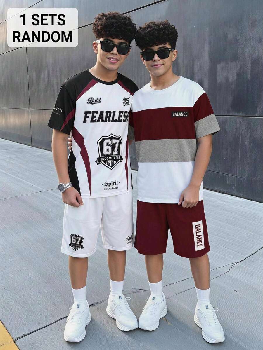 Conjunto de 2 piezas de camiseta de cuello redondo de manga corta y pantalones cortos para niño preadolescente, estilo casual minimalista con graffiti de letras en inglés escritas a mano, estilo deportivo de calle hip hop, adecuado para verano y otoño, conjunto cómodo de moda minimalista de camiseta de cuello redondo de manga corta y pantalones cortos, atuendo de baloncesto para volver a la escuela - Multicolor - Ver 1