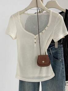 SHEIN Franclia Plus Size Women's Solid Color Fitted Versatile Casual Short Sleeve Top - White - View 1