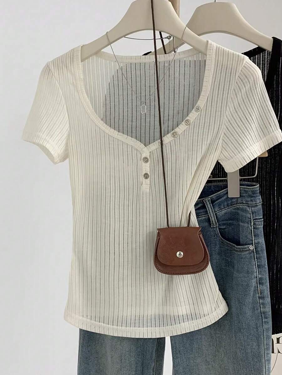 SHEIN Franclia Plus Size Women's Solid Color Fitted Versatile Casual Short Sleeve Top - White - View 1
