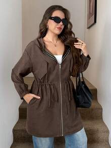 SHEIN LUNE Plus Size Plain Color Hooded Zipper Front Casual Long Sleeve Jacket Plus Size Fall Clothes - Brown - View 4