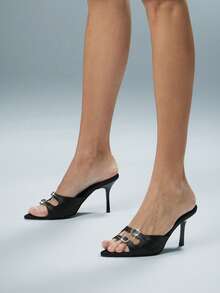 SHUZIA Women Elegant Pointy Toe Rhinestone Buckle Slip-On Heel Sandals - Black - View 2