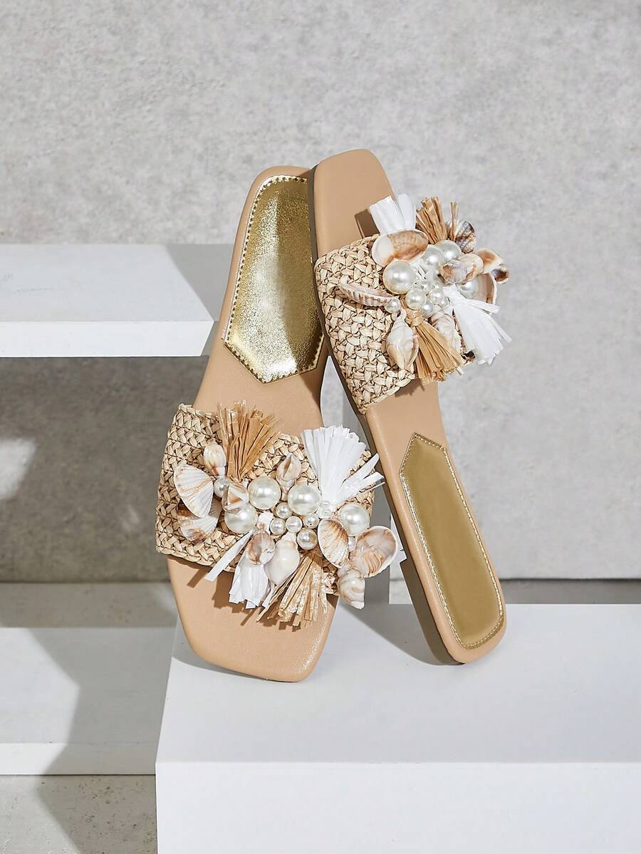 SHUZIA Sandal Wanita Ujung Persegi dengan Dekorasi Kerang Laut yang Glamor, Sepatu Liburan Musim Semi, Liburan Paskah, Natal, Hari Valentine, Sepatu Musim Panas - Krem - View 1