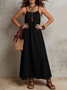 Solivie Women's Solid Color Pleated Casual Spaghetti Strap Dress For Vacation - Black - View 6