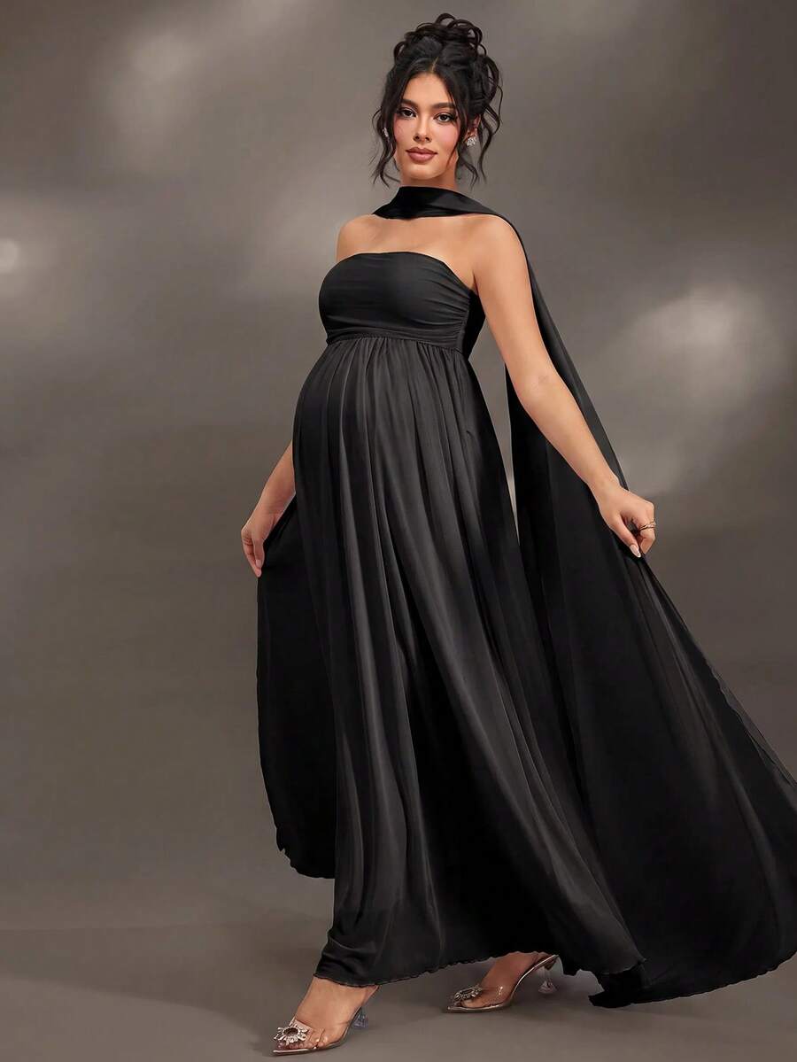 Cheriluna Maternity 聖誕派對洋裝/優雅派對洋裝/嬰兒洗禮派對洋裝 百褶細節 純色 露肩 優雅無袖 孕婦拍照洋裝 - 黑色 - 查看 1