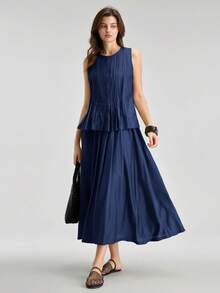Ontre 2026SS New Summer Women's Green Pleated Loose Waist Skirt, Pleated Skirt, Graduation Skirt, Elegant Women's Vacation Skirt, Holiday Beach Music Festival Women's Elegant Ceremony Skirt, Festival Outfit, Beach Outfit, Women's Pleated Skirt - Navy Blue - View 6