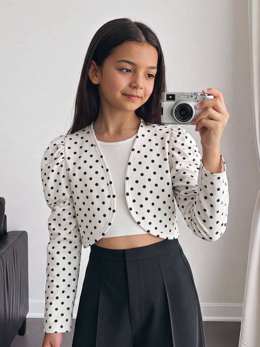 SHEIN 少女優雅可愛休閒黑色波點印花抽褶長袖開襟短版夾克,適合秋季返校穿搭 - 白色 - 查看 1