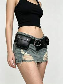 ROMWE Grunge Punk Y2K Punk Style, Black Metal Rivets, Gas Eyes, Multiple Pockets, Adjustable Metal Buckle, Women's Fanny Pack, - Black - View 2