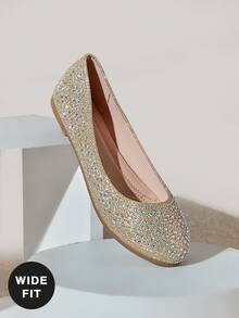 SHUZIA Women's Wide-Fit Comfortable Round Toe Rhinestone Flats Valentine's Day - Champagne - View 5