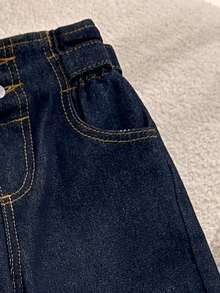 SHEIN Girls' Pastoral All-Match Versatile Ruched Waist Campus Style Fashion Denim Jeans - 深色水洗藍 - 查看 4