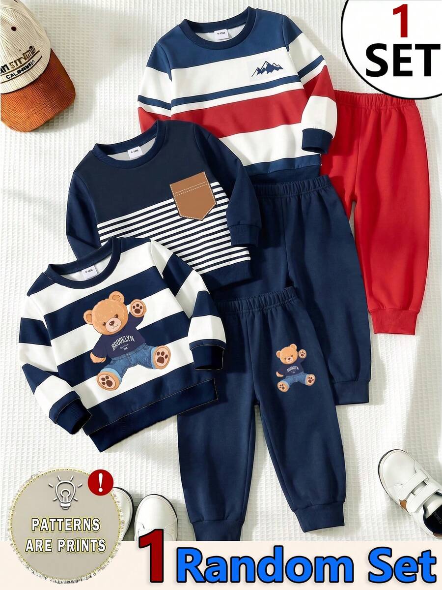 SHEIN 1組隨機發貨 嬰兒男童紅藍白條紋熊圖案寬鬆運動休閒套裝 秋季長袖上衣與長褲拼接配色運動套裝 - 彩色 - 查看 1