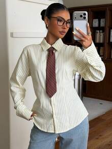 Muchica 女款秋季新款黑白收腰長袖襯衫，附領結，適合外出、學校教師、街頭休閒、Y2K風格、教師節 - 黃色 - 查看 3