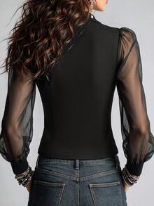 Omancia Women's Solid Color Contrast Mesh Long Sleeve Single-Breasted Elegant Jacket - Black - View 2