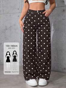 SHEIN PETITE 女款高腰波點圖案寬腿寬鬆休閒牛仔褲 - 棕色 - 查看 1