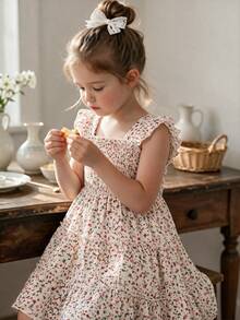 Elladie kids Young Girl's Floral Print Sweet Flutter Sleeve Ruffle Hem Dress, Countryside Girl Style For Daily Wear, School, Picnic - Khaki - View 3