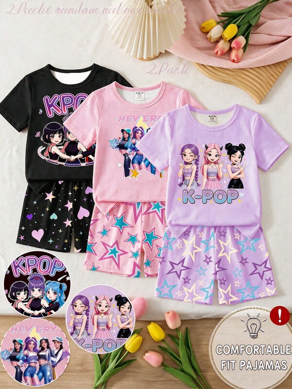 Randomly Ships 1 Of 3 S Girls Toddler Snug Fit Pajamas,Round Neck Short Sleeve Shorts Summer Pink  Girl Letter Star Print Soft Knit