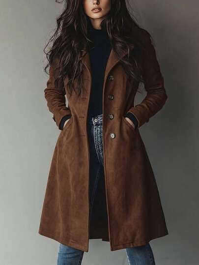 SHEIN Urban Modern Outdoor Vacation Fashion Casual Elegant Business Commute Lapel Long Sleeve Cardigan Women's Mid-Length Jacket