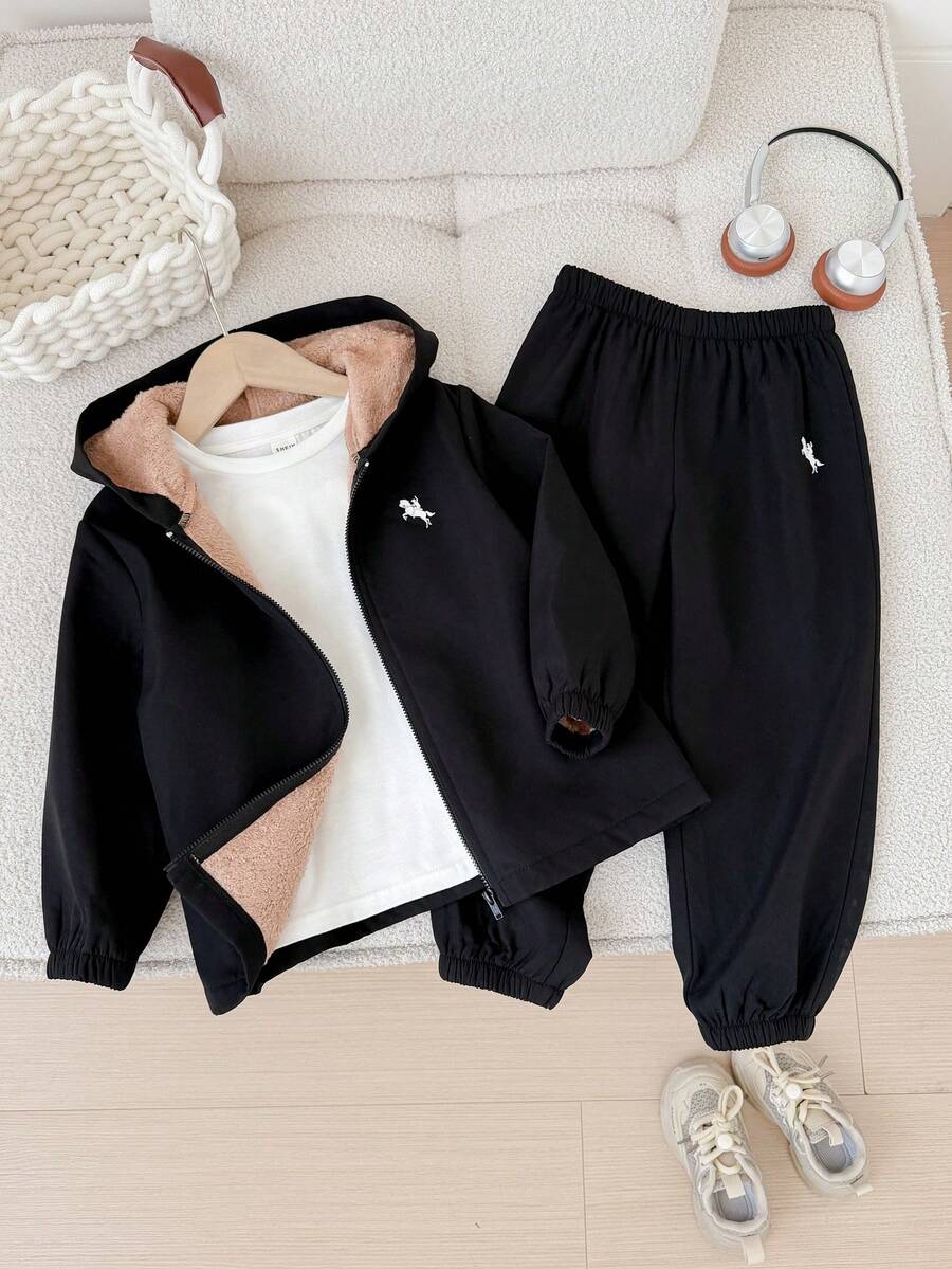 SHEIN 2 قطعة معطف للأطفال الصغار، بنطال داخلي من الفرو الدافئ البني، مجموعة من قطعتين منسوجة مناسبة للتنقل والمدرسة