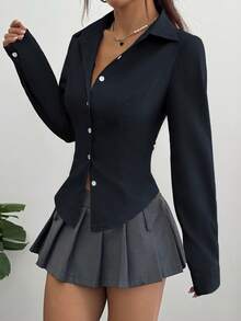 Sweetra 女款素色長袖單排扣休閒襯衫 - 藏蓝色 - 查看 5