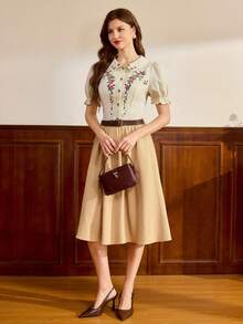 Vintamour Vintage Elegant Women's Blouse With Ditsy Floral, Embroidery, Peter Pan Collar, Ruffle Trim, Gathered Detail, Button Front, Casual Vacation Holiday Top - Apricot - View 8