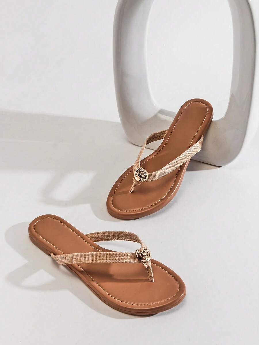 SHEIN SHUZIA Women's Seashell T-Strap Round Toe Flip Flops Thong Pool Sandals - Beige - View 1