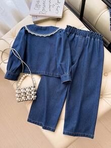Conjunto de mezclilla para niñas, diseño de moda de estilo callejero casual y lindo, versátil para vacaciones, azul lavado medio, top de mezclilla corto con cuello Peter Pan, botones, patchwork, encaje y mangas abullonadas + pantalones de mezclilla sueltos con cintura elástica completa minimalista que combinan con todo, tela de mezclilla de algodón cómoda para uso diario, fiestas y escuela - Azul lavado medio - Ver 3