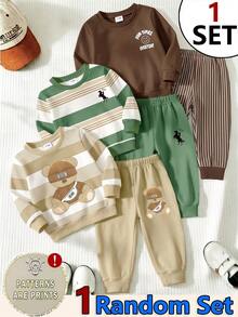 SHEIN 1組隨機款 幼兒男童秋季條紋熊字母印花 卡其綠咖啡色拼接 寬鬆長袖套頭休閒羅紋運動衫上衣 - 彩色 - 查看 1