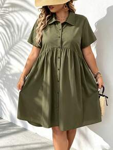 SHEIN LUNE Plus Button Front Smock Dress - Army Green - View 5