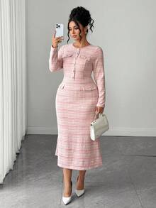 SHEIN Elenzya Plus Size Women's Knitted Elegant Business Casual Fall-Winter Dress - Pink - View 1