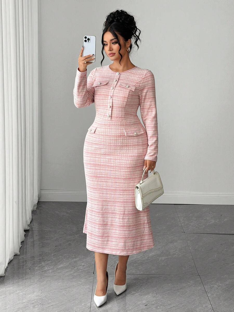SHEIN Elenzya Plus Size Women's Knitted Elegant Business Casual Fall-Winter Dress - Pink - View 1
